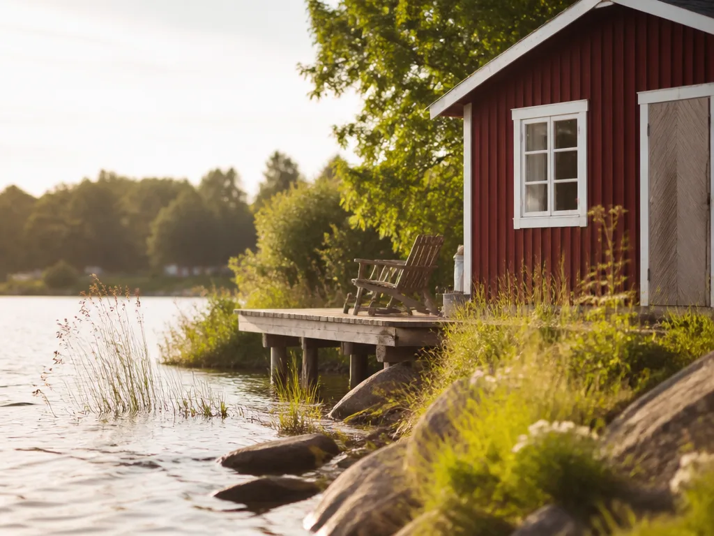 Rött svenskt fritidshus i trä vid en sjö med en brygga i kvällsljus