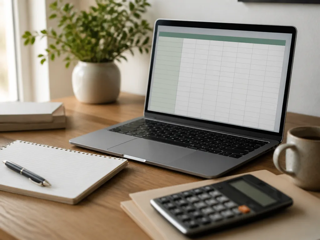 Laptop med ett enkelt budgetkalkylark på skärmen bredvid anteckningsbok och miniräknare på ett skrivbord