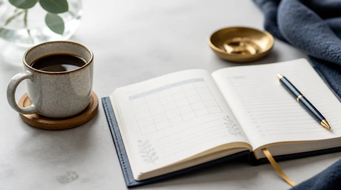 Anteckningsbok med en handskriven månadsbudget och en kaffekopp