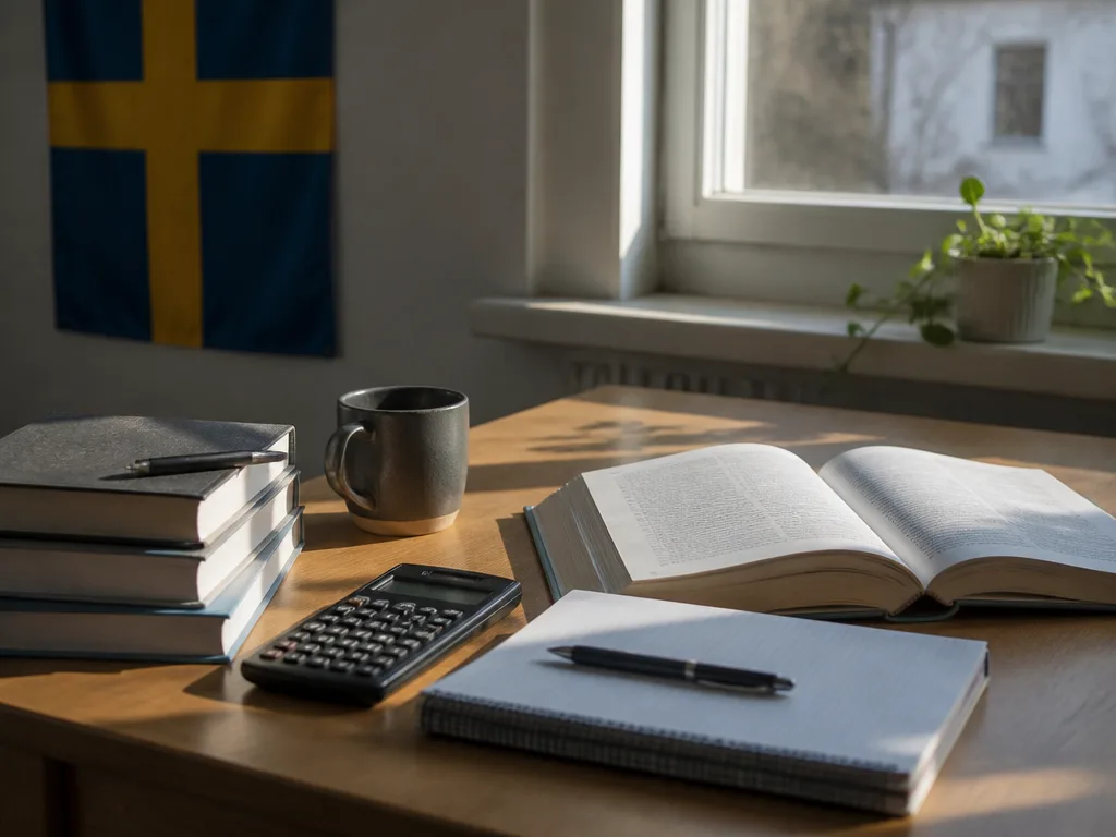 Studentskrivbord med böcker, miniräknare och penna i mjukt naturligt ljus