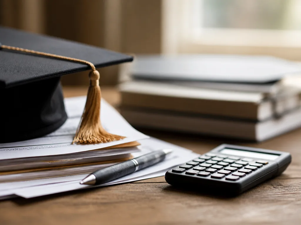 Examensmössa och lånedokument på ett träskrivbord med penna och miniräknare