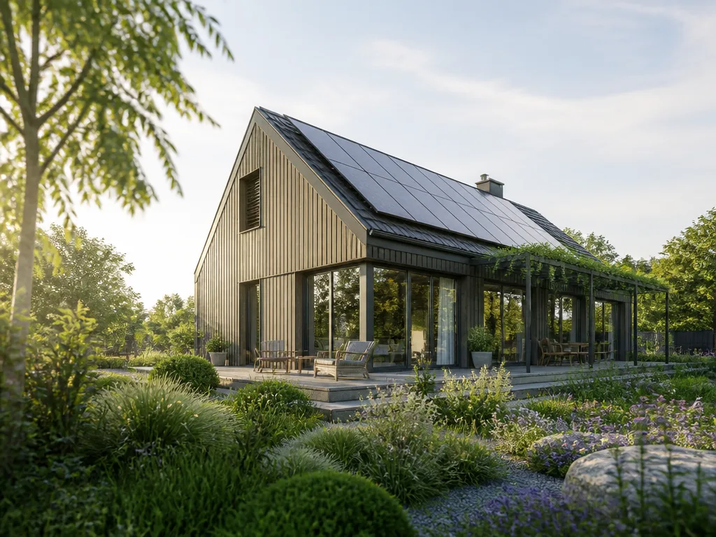 Modernt energieffektivt hus med solpaneler på taket i morgonljus