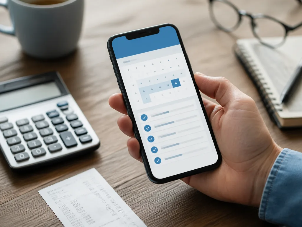 Smartphone med betalningsöversikt bredvid kvitto och miniräknare, symbol för Klarna delbetalning