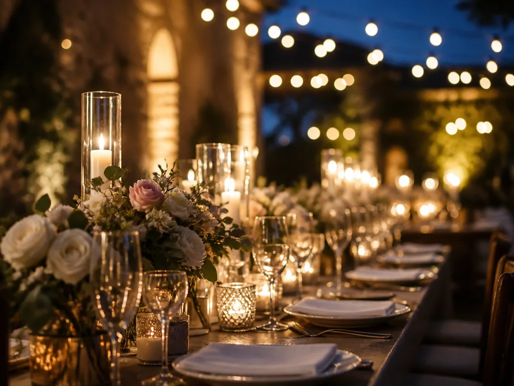 Bröllopsbord dukat med blommor och ljus inför en bröllopsfest