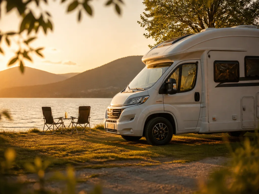 Vit husbil parkerad vid en sjö i kvällsljus, symbol för att låna till husbil