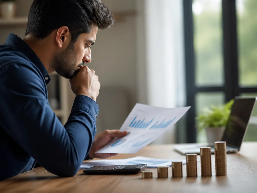 Person som studerar finansiella tillväxtgrafer med mynt staplade på ett skrivbord