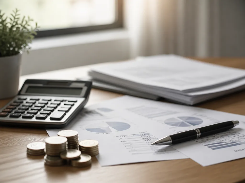 Finansiella dokument och kalkylator på ett träskrivbord med mynt och penna i mjukt naturligt ljus