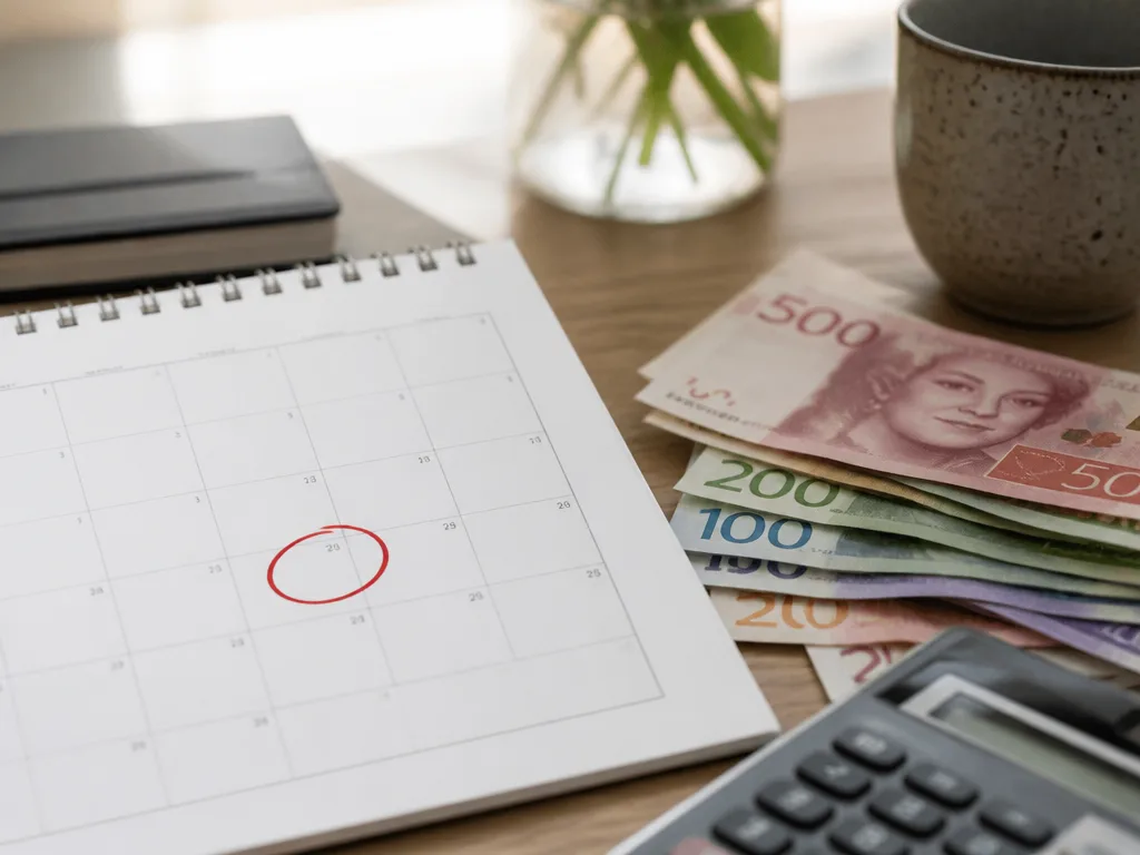 Kalender med markerat förfallodatum bredvid sedlar och en miniräknare