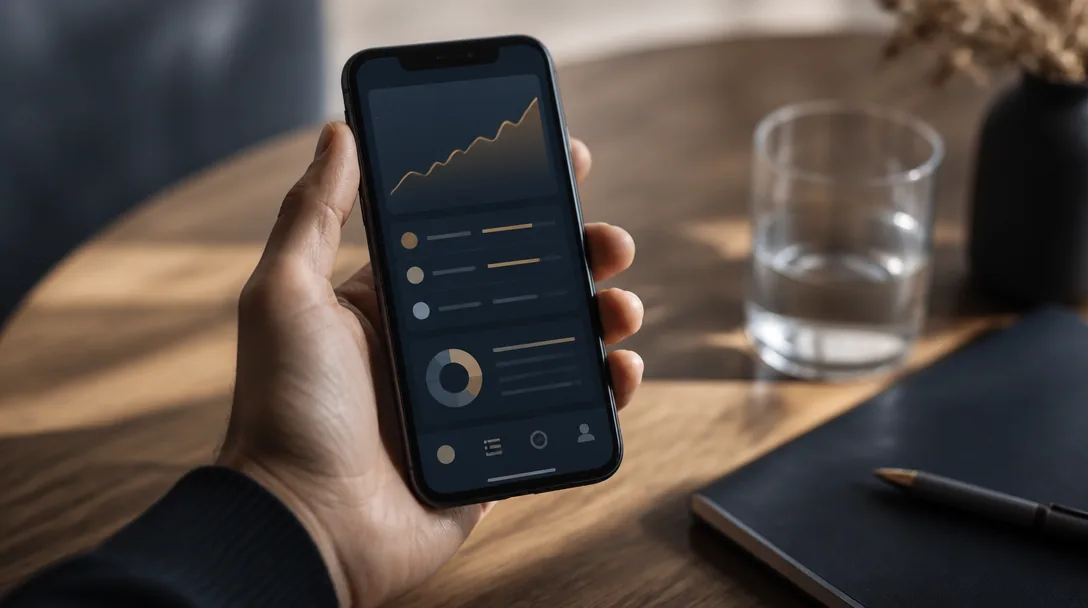 Hand som håller en mobiltelefon med en låneapp öppen