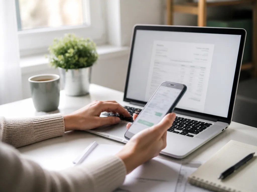 Person hanterar digitala fakturor och betalningar via laptop och mobil vid ett skrivbord